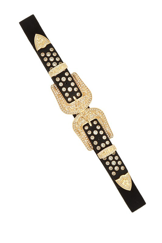 Rhinestone Filigree Western U Buckle Elastic Belt