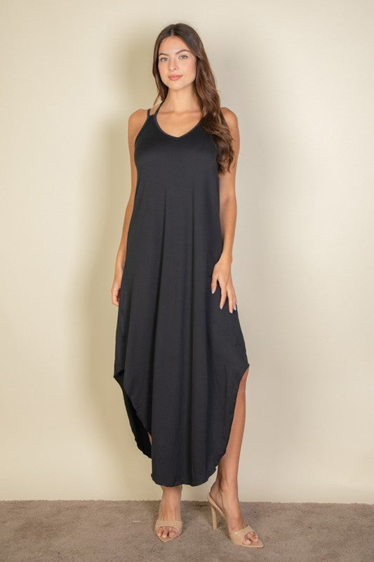 Button Front Tie Waist Sleeveless Maxi Dress