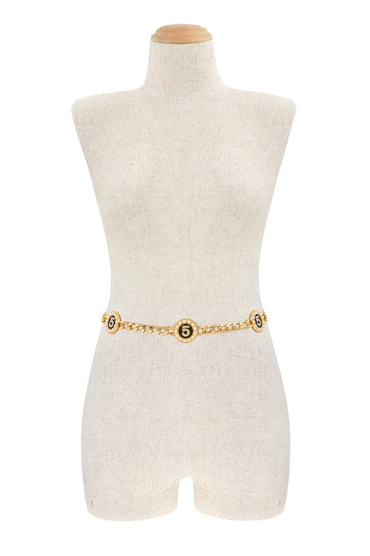 Metal Circle Five Pearl Charm Chain Belt