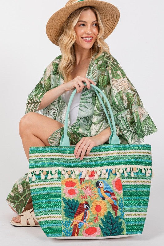 Bird and Tassel Beaded Tote Bag