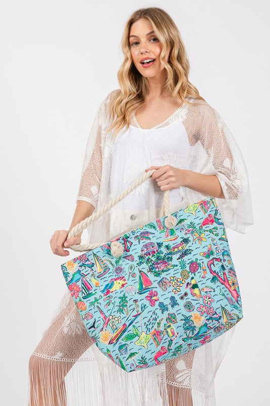 Beach and Flower Print Tote Bag