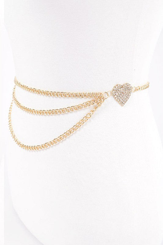 Rhinestone Heart Charm Layer Chain Belt