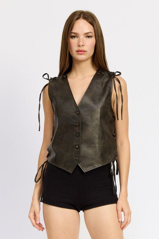 LEATHER VEST WITH LACE DETAIL