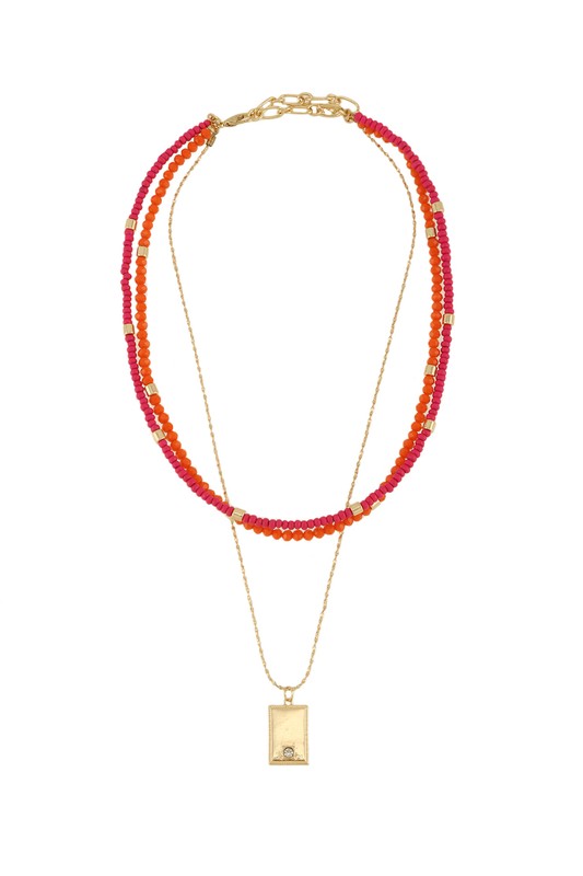 Multi Color Three Line And Square Charm Necklace