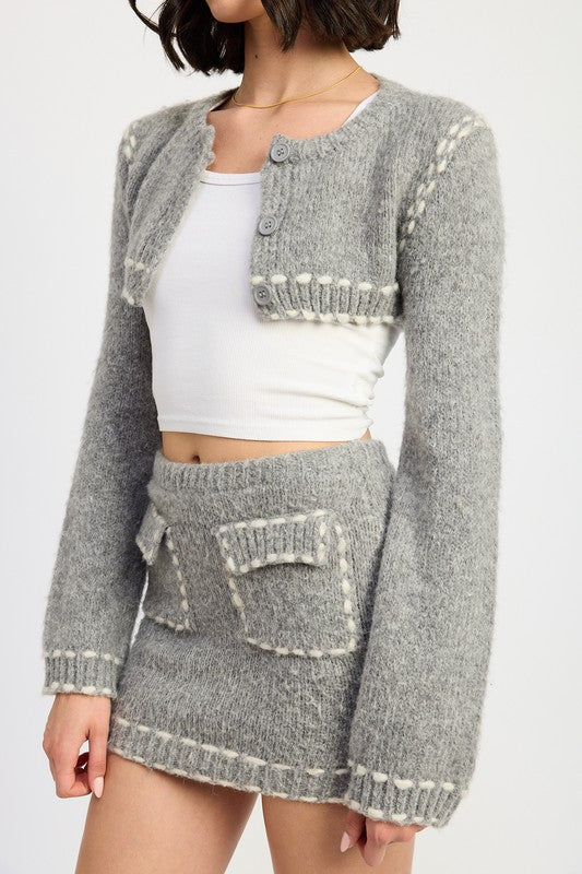 CROPPED BUBBLE SLEEVE CARDIGAN TOP