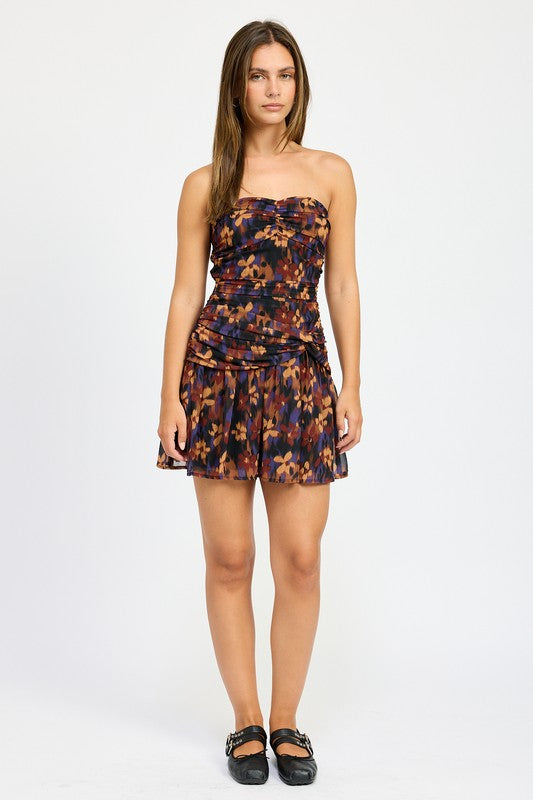 FLORAL RUCHED MINI DRESS