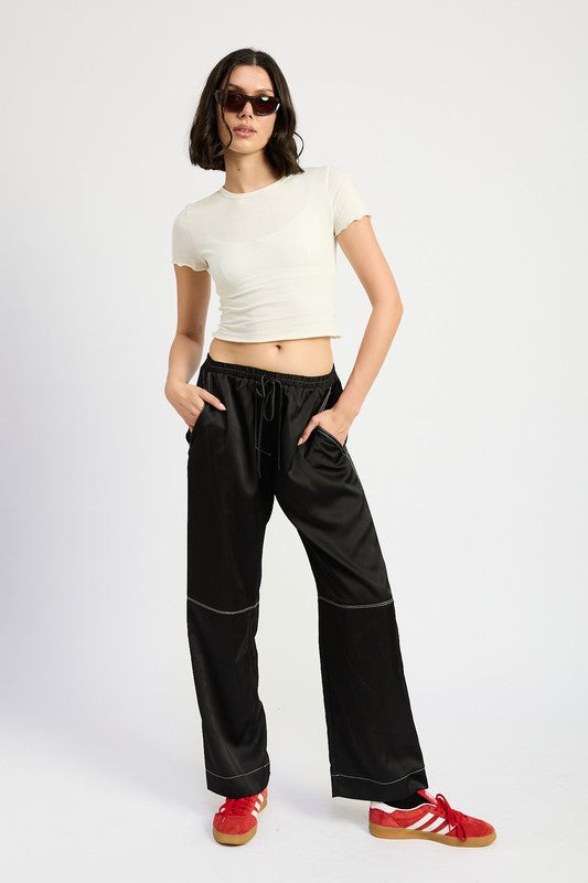 SATIN LOUNGE PANTS WITH CONTRASTED STITCH