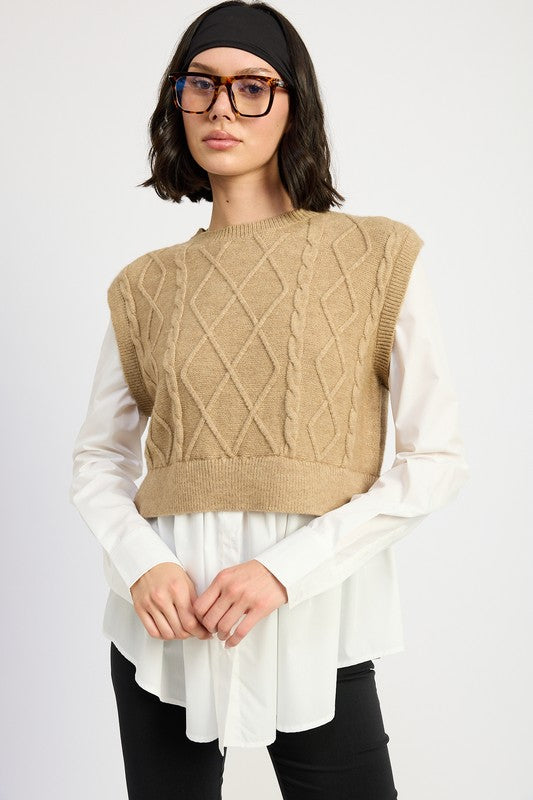 CABLE TWO FER SWEATER TOP