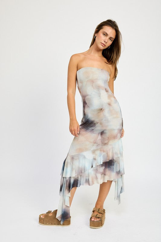 RUFFLED ASYMMETRICAL TUBE DRESS