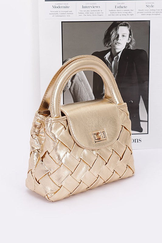 Weaved Metallic Faux Leather Top Handle Swing Bag