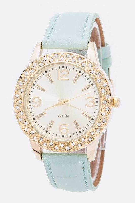 Crystal Bezel Leather Band Fashion Watch