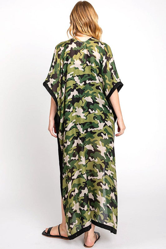 Camouflage Print Extra Long Kimono Duster Cardigan