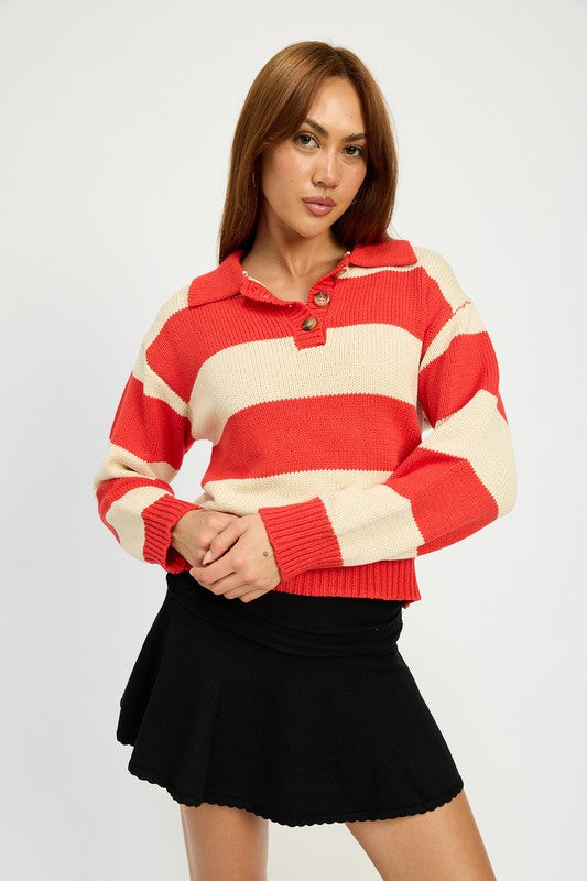 STRIPED COLLARED SWEATER TOP