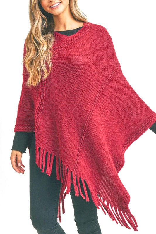 Line Stitch Flat Knit Fringe Poncho