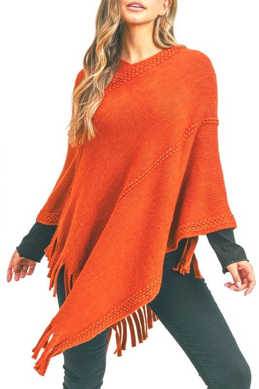 Line Stitch Flat Knit Fringe Poncho