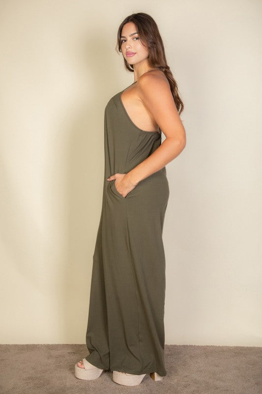 Plus Spaghetti strap solid wide jumpsuit