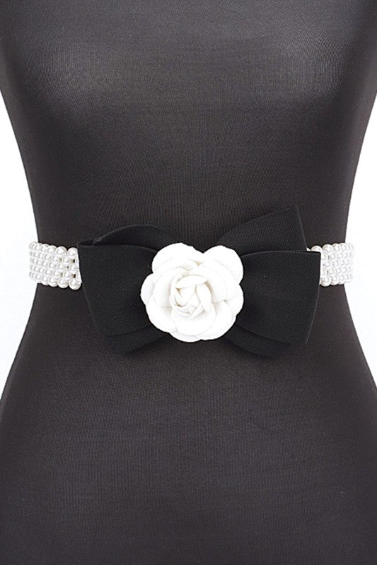 Camellia Rose Flower Ribbon Pearl Stretch Belt