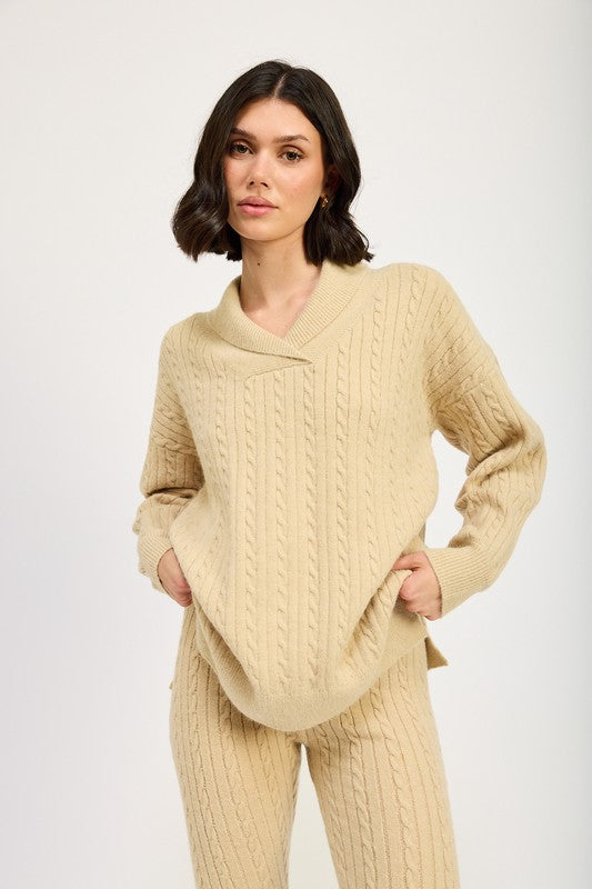 CABLE KNIT COLLARED SWEATER TOP