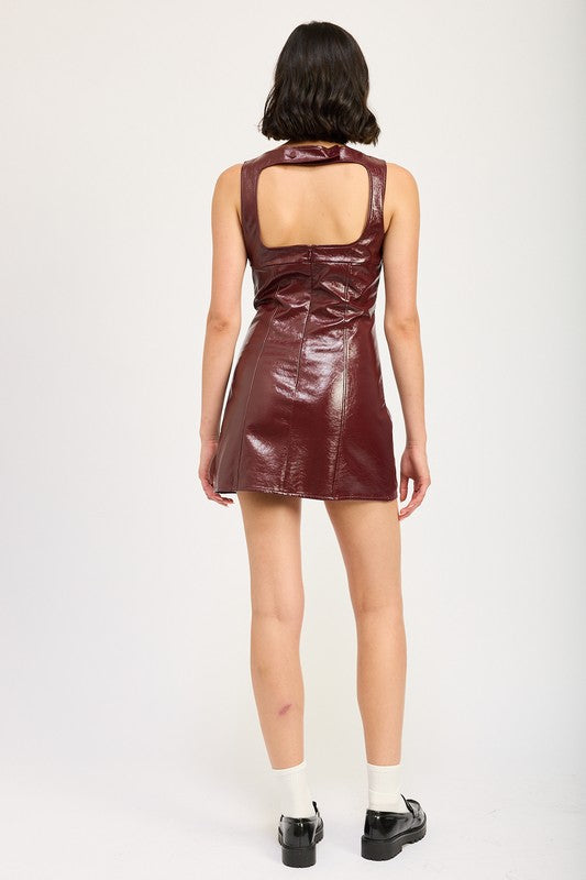 SQUARED NECK LEATHER MINI DRESS WITH OPEN BACK