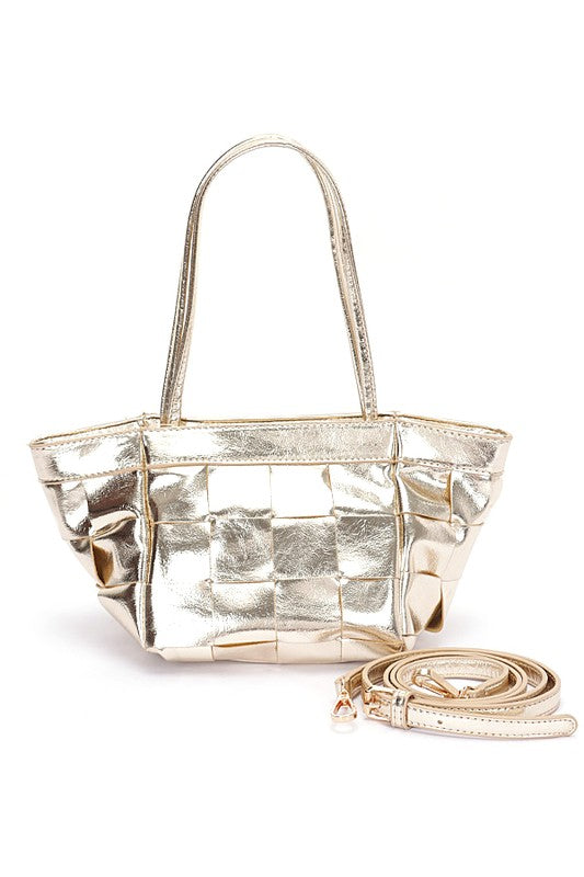 Metallic Faux Leather Weaved Small Tote Bag