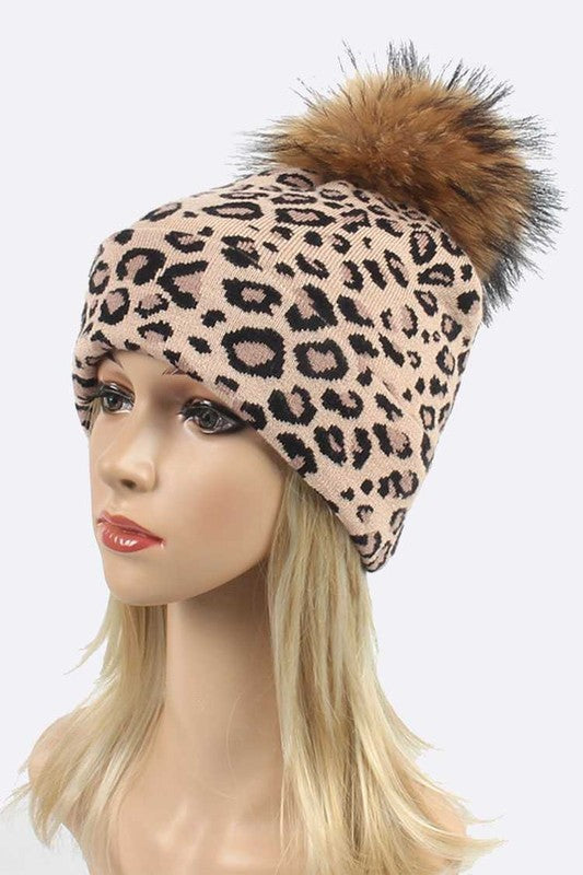 Genuine Fur Pom Soft Leopard Beanie