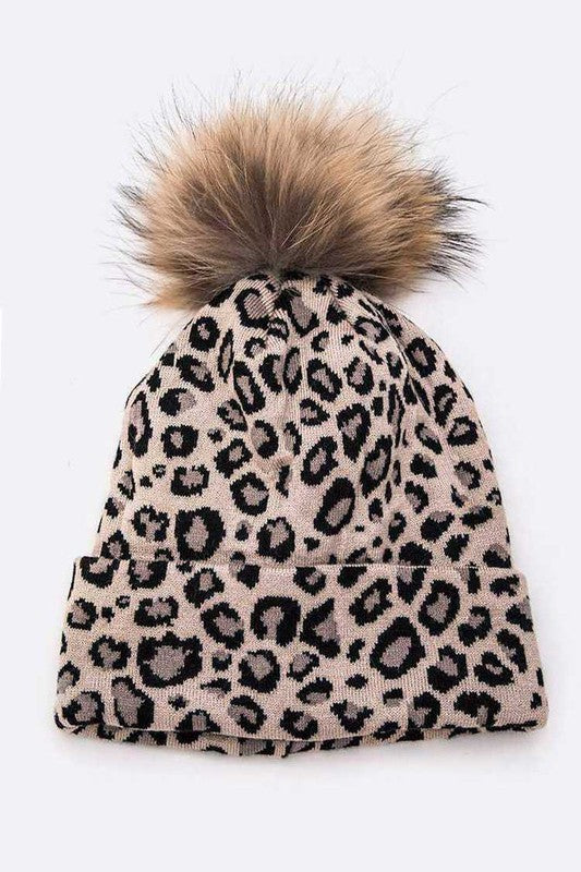 Genuine Fur Pom Soft Leopard Beanie