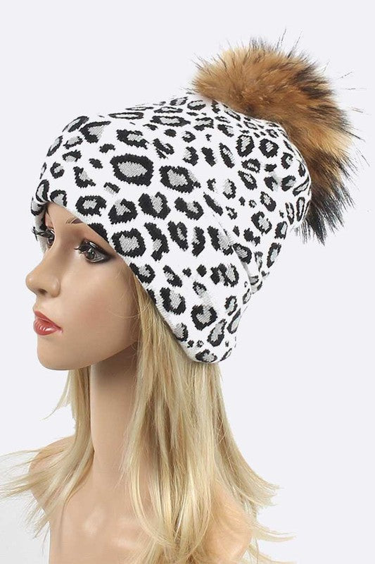 Genuine Fur Pom Soft Leopard Beanie