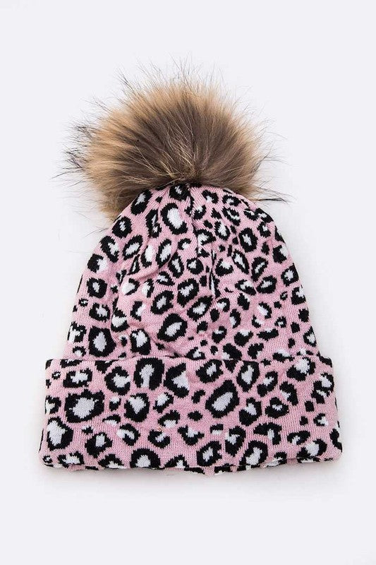 Genuine Fur Pom Soft Leopard Beanie