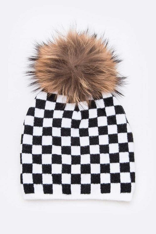 Mix Print Raccoon Fur Pom Iconic Beanie