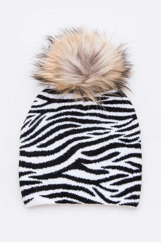 Mix Print Raccoon Fur Pom Iconic Beanie