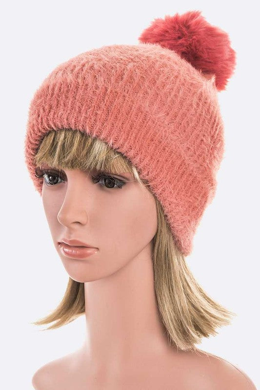 Mohair Faux Fur Pom Soft Beanie