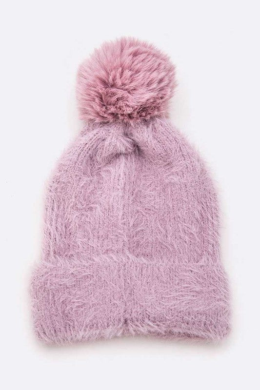 Mohair Faux Fur Pom Soft Beanie