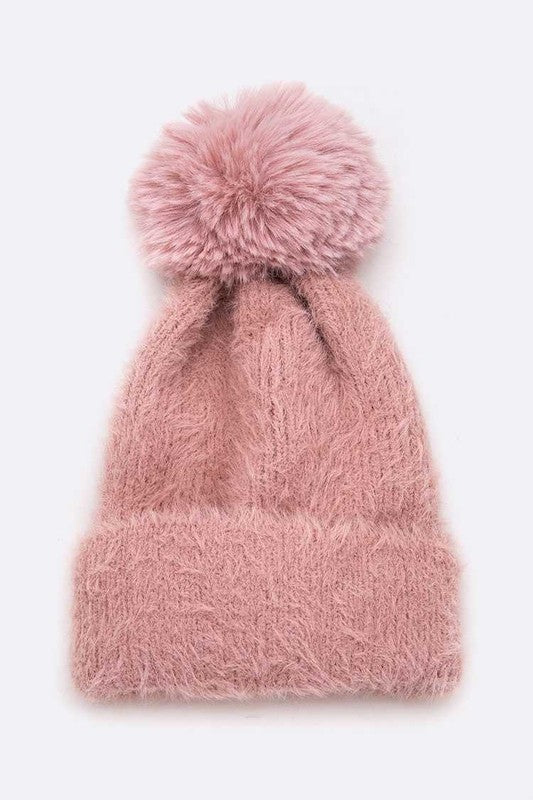 Mohair Faux Fur Pom Soft Beanie