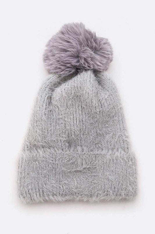 Mohair Faux Fur Pom Soft Beanie