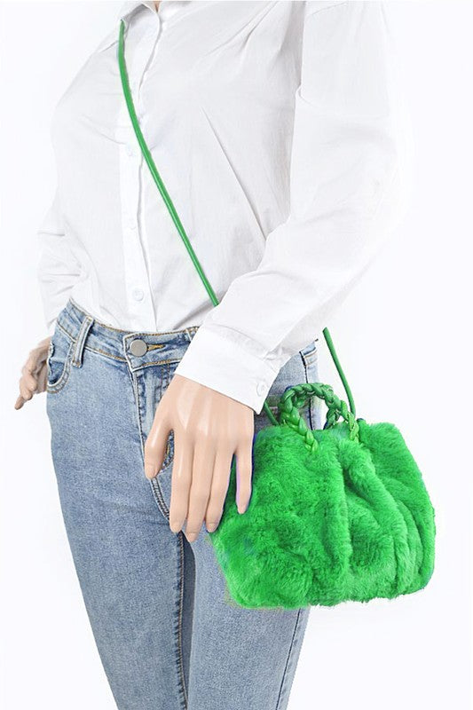 Braided Handle Faux Fur Plushy Bag