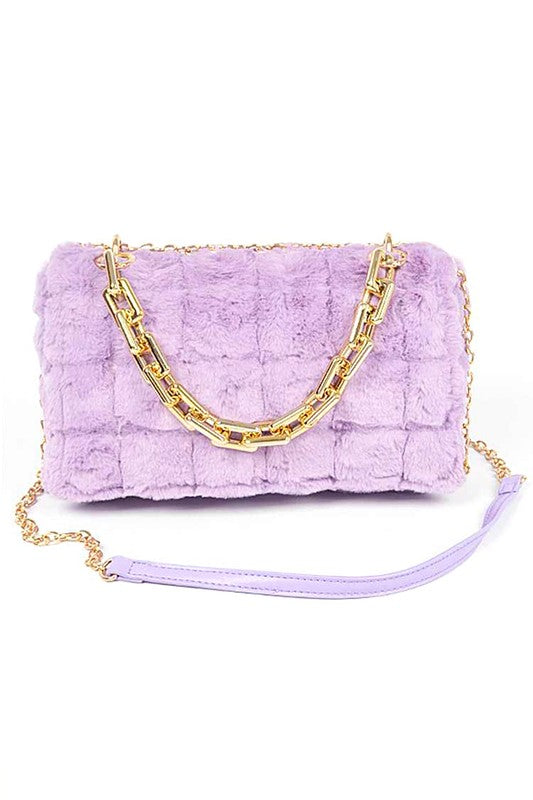 Quilted Faux Fur Chunky Chain Crossbody Bag