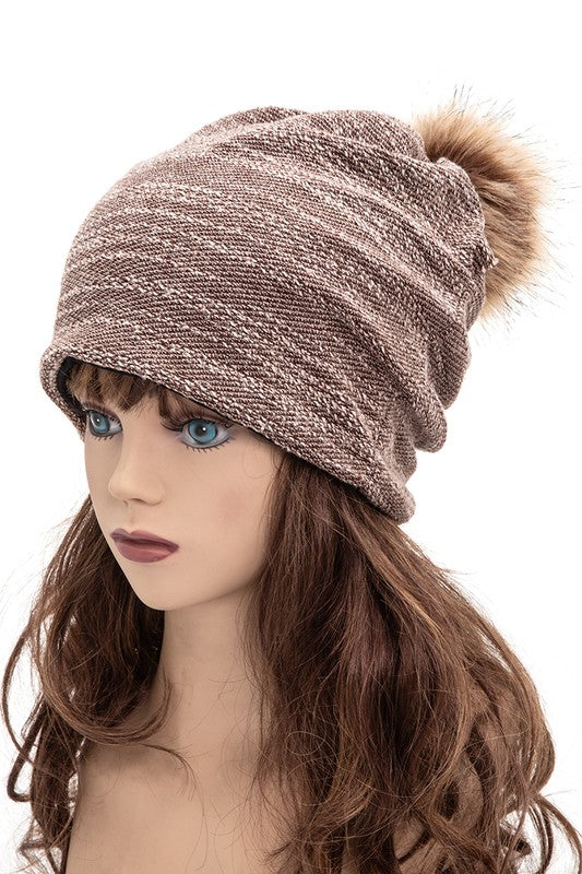 Faux Fur Pom Cotton Blend Slouchy Beanie