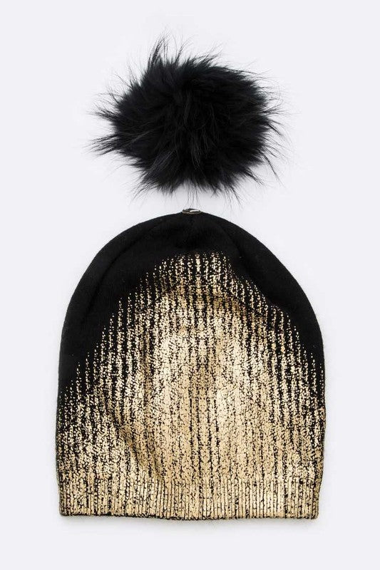 Metallic Cashmere Fur Pom Beanie