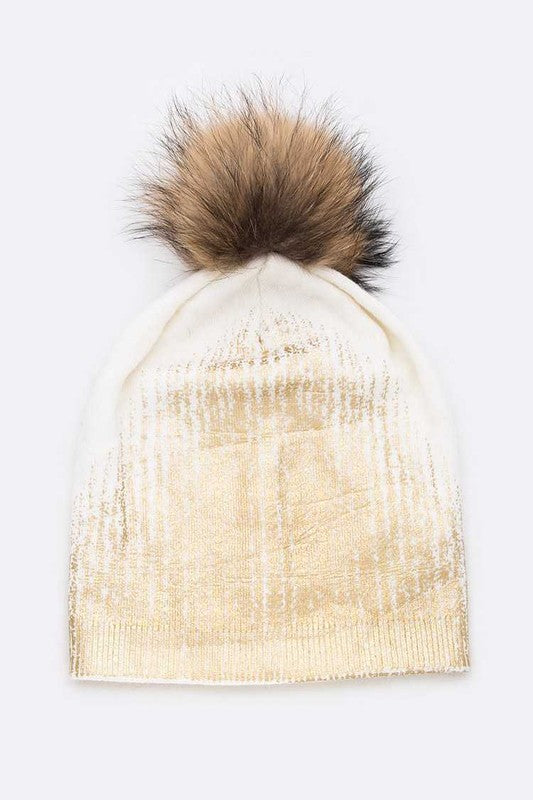 Metallic Cashmere Fur Pom Beanie