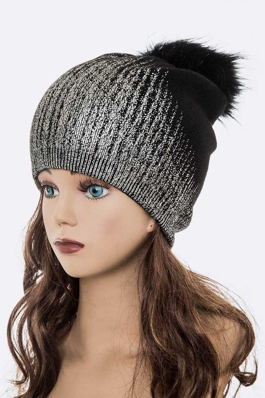 Metallic Cashmere Fur Pom Beanie