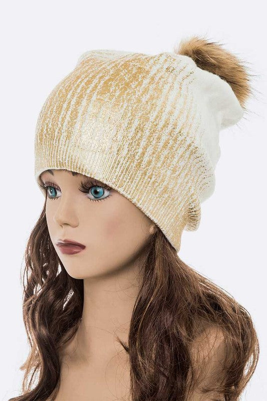 Metallic Cashmere Fur Pom Beanie