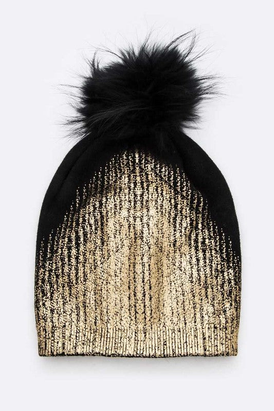 Metallic Cashmere Fur Pom Beanie