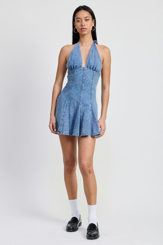 MINI HALTER NECK DENIM DRESS