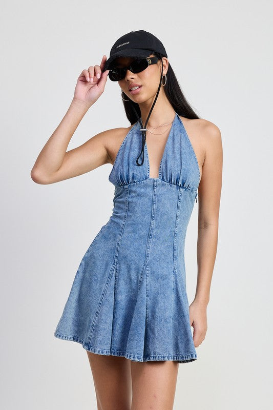 MINI HALTER NECK DENIM DRESS