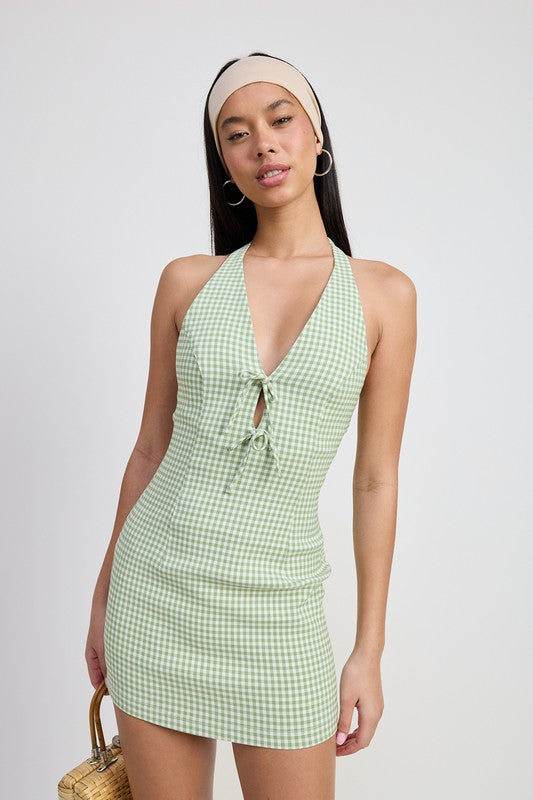 GINGHAM HALTER MINI DRESS