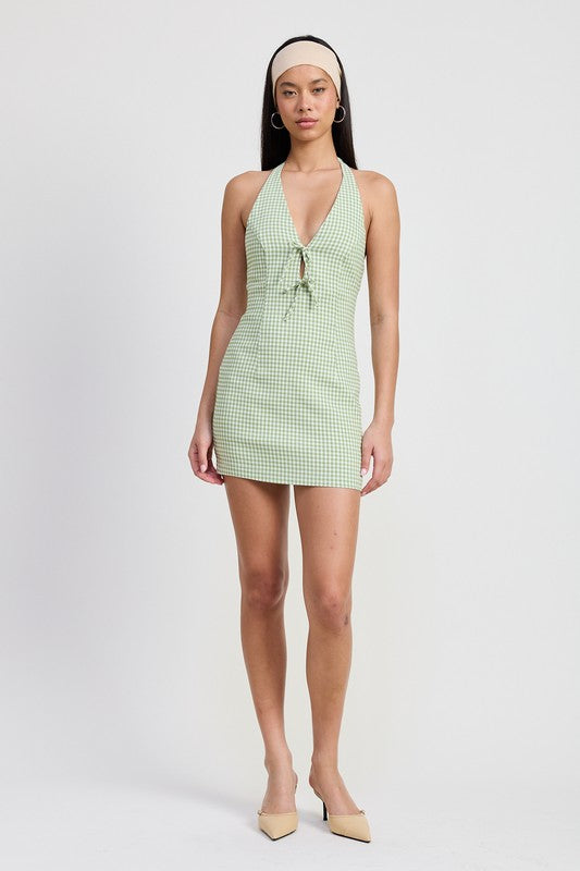 GINGHAM HALTER MINI DRESS