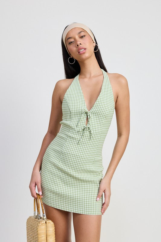 GINGHAM HALTER MINI DRESS