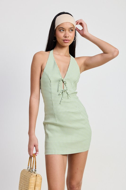 GINGHAM HALTER MINI DRESS