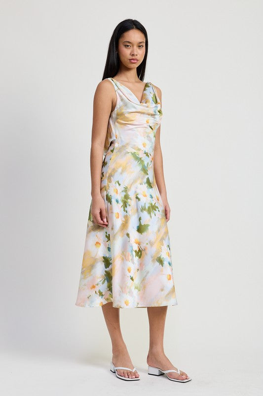 FLORAL MIDI COWL NECK DRESS