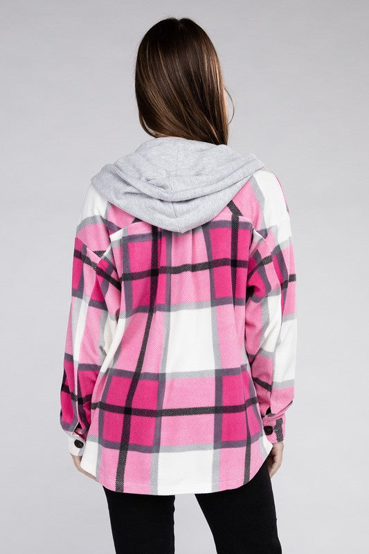 Plaid Drawstring Hooded Fleece Shacket